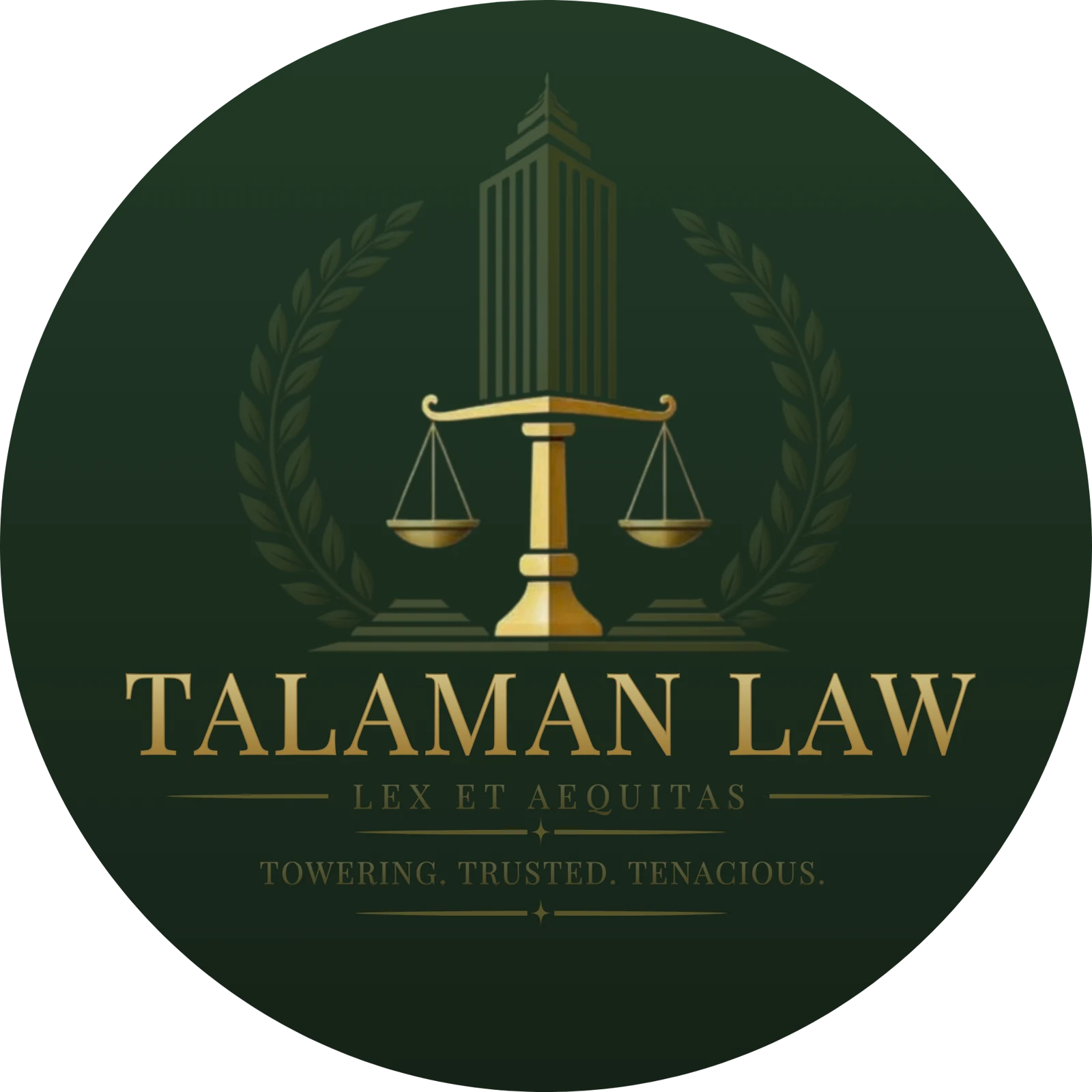 Talaman Law emblem: a tower and scales of justice within a laurel wreath